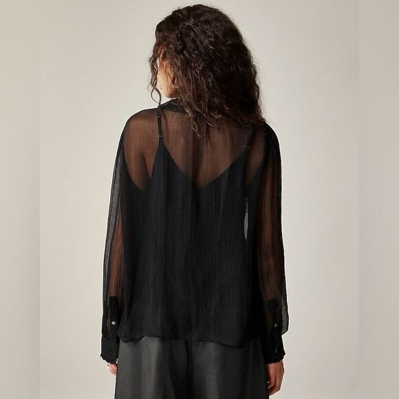 NWT J CREW Ruffle button-up shirt in crinkle chiffon in black - Picture 5 of 7